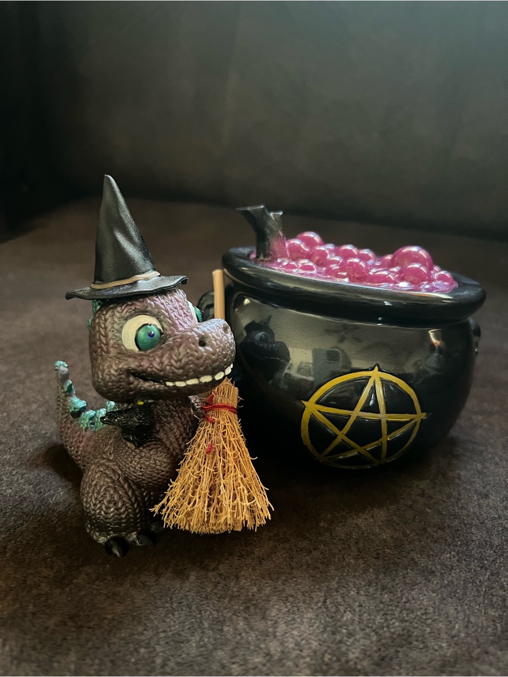 Whimsical Purple Witch Dragon with Black Cauldron Accent Set